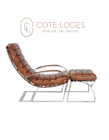 Ensemble fauteuil et pouf City, cuir vintage et inox, collection Premium / Luxe